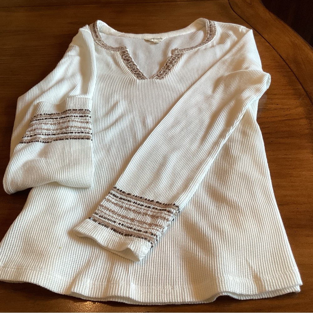 Lucky Brand White Long Sleeve Top with Brown Accents